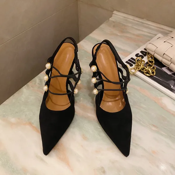 Chic / Beautiful Black Street Wear Suede Womens Sandals 2020 9 cm Stiletto Heels Pointed Toe Sandals