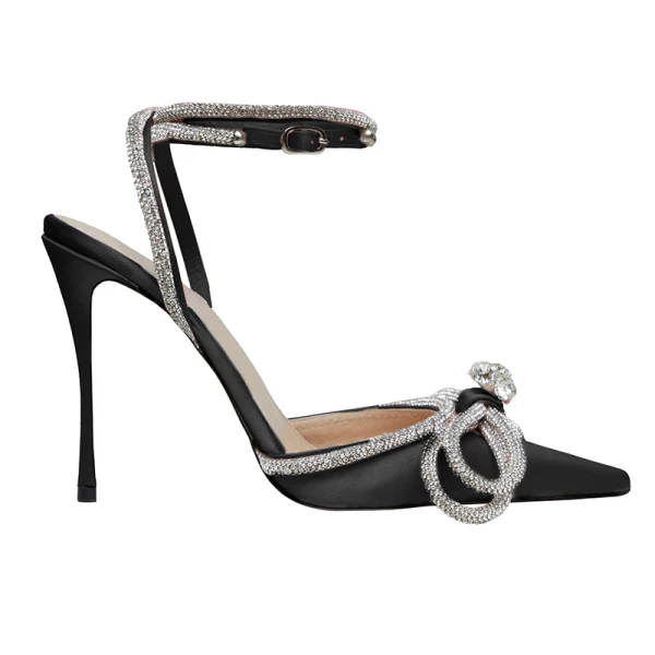 Charmant Noire Soirée Faux Diamant Noeud Sandales Femme 2020 Bride Cheville 9 cm Talons Aiguilles À Bout Pointu Sandales