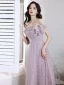 Chic / Beautiful Lavender Pearl Prom Dresses A-Line / Princess 2021 Off-The-Shoulder Sleeveless Backless Tea-length Prom Formal Dresses