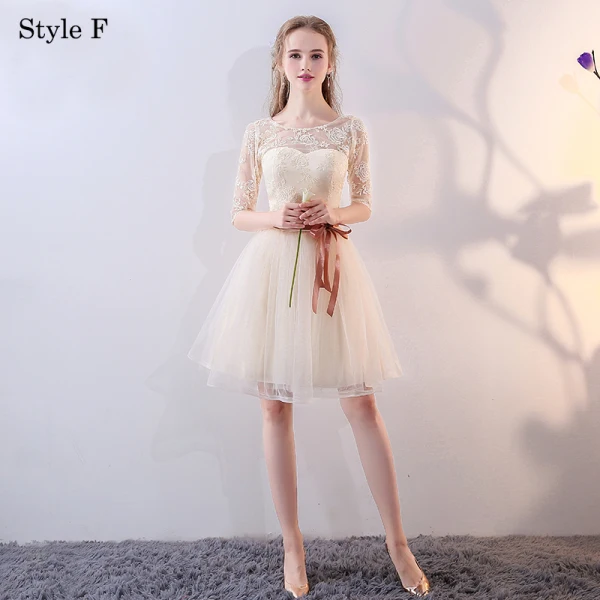 Chic / Beautiful Champagne Bridesmaid Dresses 2018 A-Line / Princess Bow Lace Sleeveless Backless Short Wedding Party Dresses