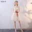 Chic / Beautiful Champagne Bridesmaid Dresses 2018 A-Line / Princess Bow Lace Sleeveless Backless Short Wedding Party Dresses