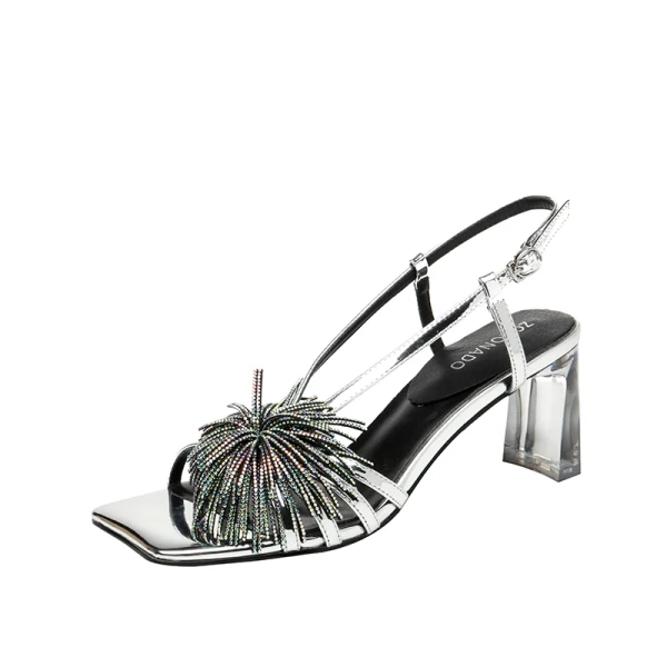 Sexy Noire Vêtement de rue Slingbacks Sandales Femme 2020 Cuir Faux Diamant Gland 6 cm Talons Épais Peep Toes / Bout Ouvert Sandales