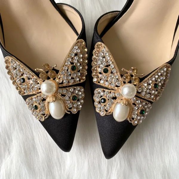 Elegant Black Prom Womens Shoes 2020 Leather Pearl Rhinestone Bow 12 cm Stiletto Heels Pointed Toe Heels