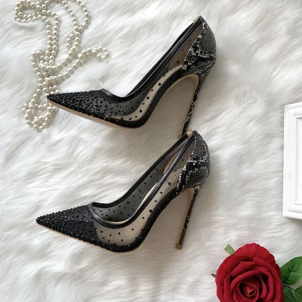 Charmant Noire Soirée Faux Diamant Escarpins 2020 Cuir Motif Peau De Serpent 12 cm Talons Aiguilles À Bout Pointu Escarpins
