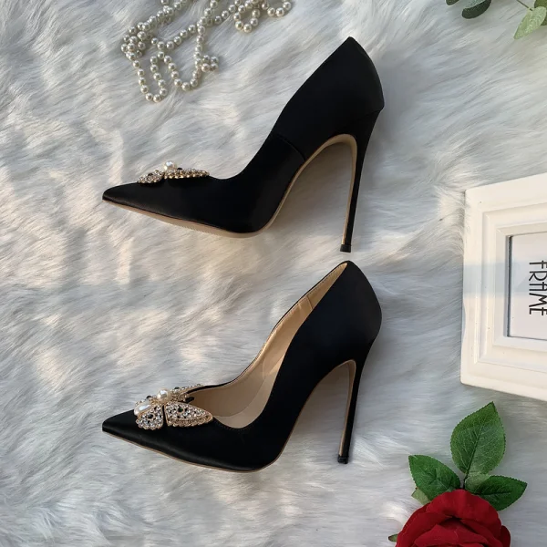 Elegant Black Prom Leather Pumps 2020 Pearl Rhinestone Butterfly 12 cm Stiletto Heels Pointed Toe Pumps