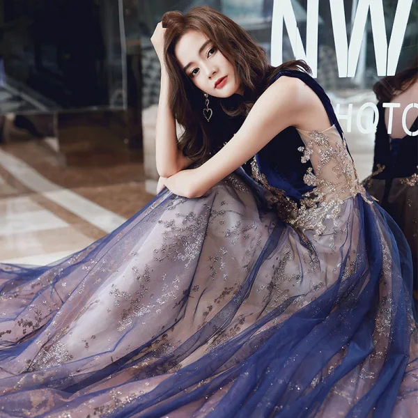 Elegant Navy Blue Beading Evening Dresses  Prom Dresses 2021 A-Line / Princess Scoop Neck Rhinestone Sequins Sleeveless Backless Floor-Length / Long Evening Party Formal Dresses