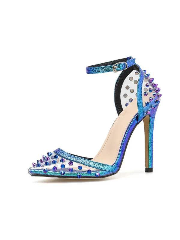 Charmant Meeresblau Cocktail Laser Durchsichtige Sandalen Damen 2020 Niet Knöchelriemen 11 cm Stilettos Spitzschuh Sandaletten