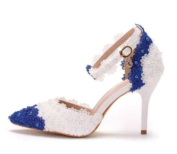 Elegant White Prom Lace Flower Womens Shoes 2020 Pearl Ankle Strap 7 cm Stiletto Heels Pointed Toe Heels