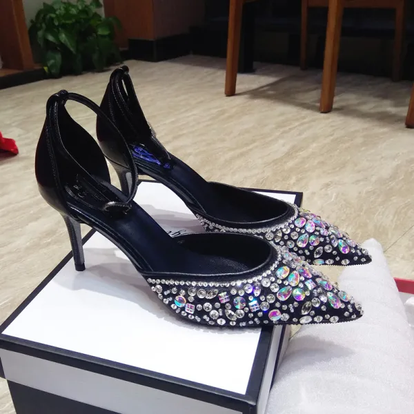 Schöne Schwarz Cocktail Strass Sandalen Damen 2020 Leder Knöchelriemen 9 cm Stilettos Spitzschuh Sandaletten