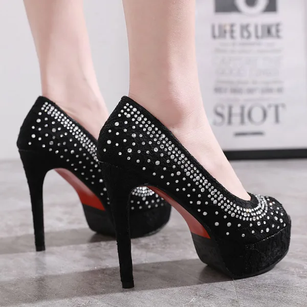 Mode Svarta Fest Rhinestone Damskor 2020 12 cm Stilettklackar Peep Toe Pumps
