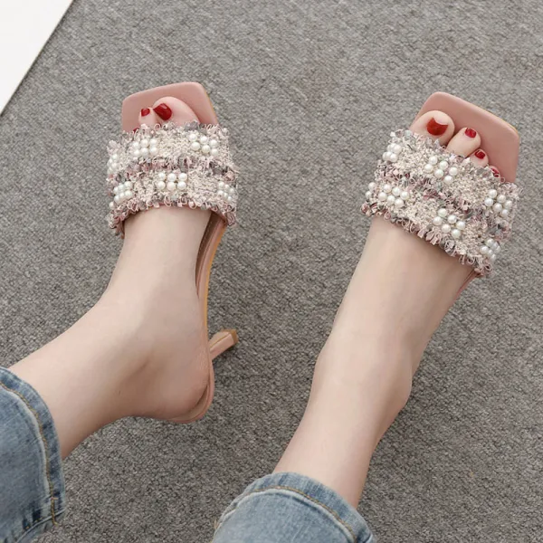 Modest / Simple Black Street Wear Pearl Womens Sandals 2020 8 cm Stiletto Heels Open / Peep Toe Sandals