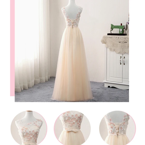Chic / Beautiful Champagne Bridesmaid Dresses 2018 A-Line / Princess Appliques Bow Lace Backless Floor-Length / Long Wedding Party Dresses