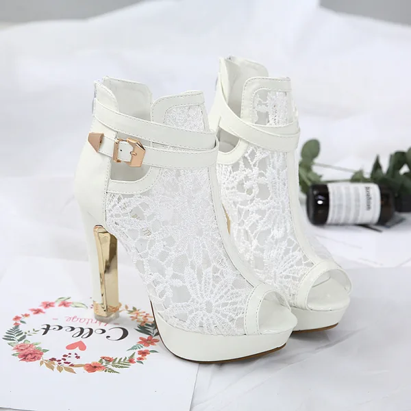 Mode Schwarz Strassenmode Spitze Durchbohrt Sandalen Damen 2020 11 cm Stilettos Peeptoes Sandaletten
