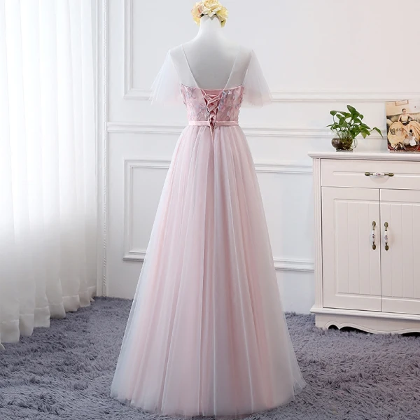 Chic / Beautiful Blushing Pink Bridesmaid Dresses 2018 A-Line / Princess Appliques Bow Lace Backless Floor-Length / Long Wedding Party Dresses
