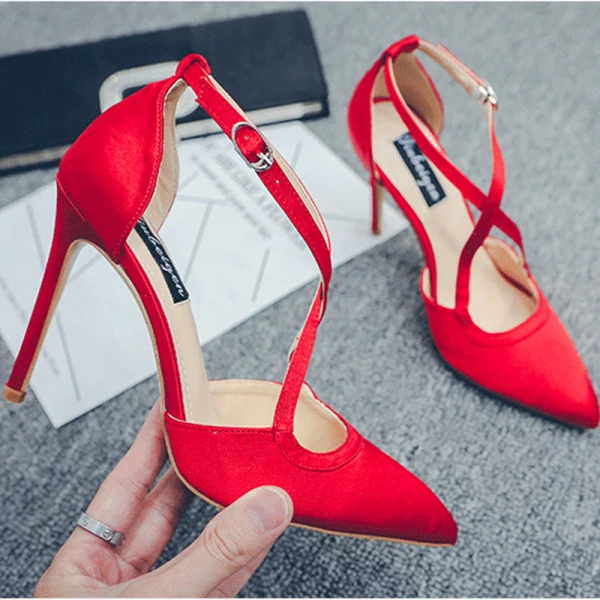 Chic / Beautiful Black Street Wear Satin Womens Sandals 2020 X-Strap 10 cm Stiletto Heels Pointed Toe Sandals