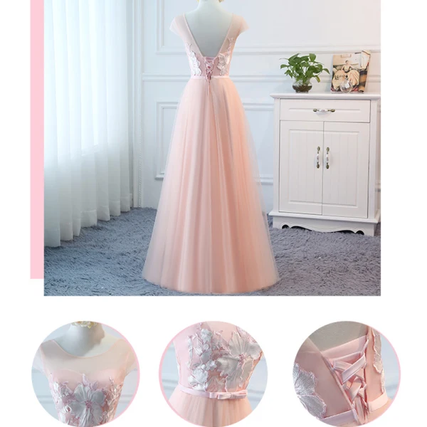 Elegant Pearl Pink Wedding Party Dresses 2018 A-Line / Princess Appliques Lace Bow Backless Floor-Length / Long Bridesmaid Dresses