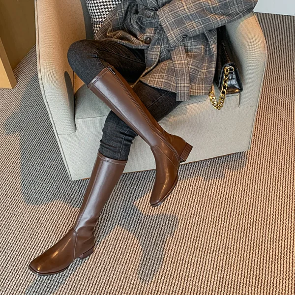 Chic / Belle Marron Vêtement de rue Talon Bas Bottes Femme 2020 Cuir 4 cm Talons Épais Pied Carré Bottes