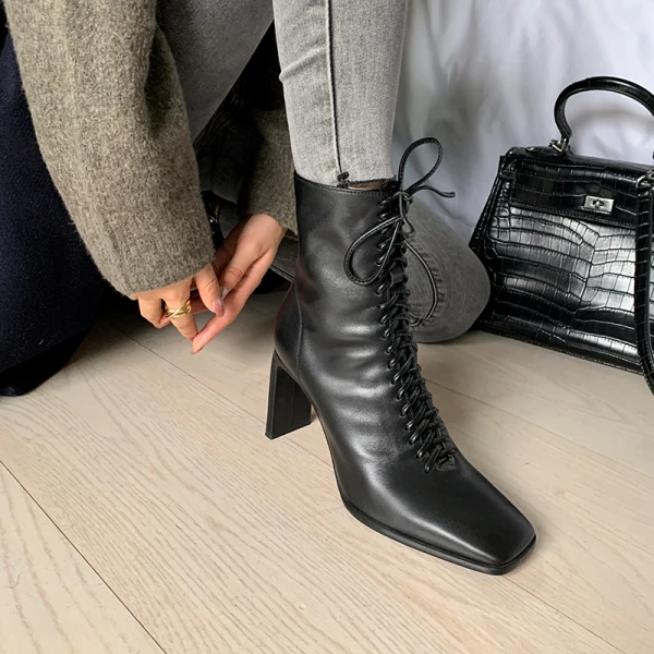 Schlicht Winter Beige Strassenmode Ankle Boots Stiefel Damen 2020 Leder 8 cm Thick Heels Quadratische Zehe Stiefel