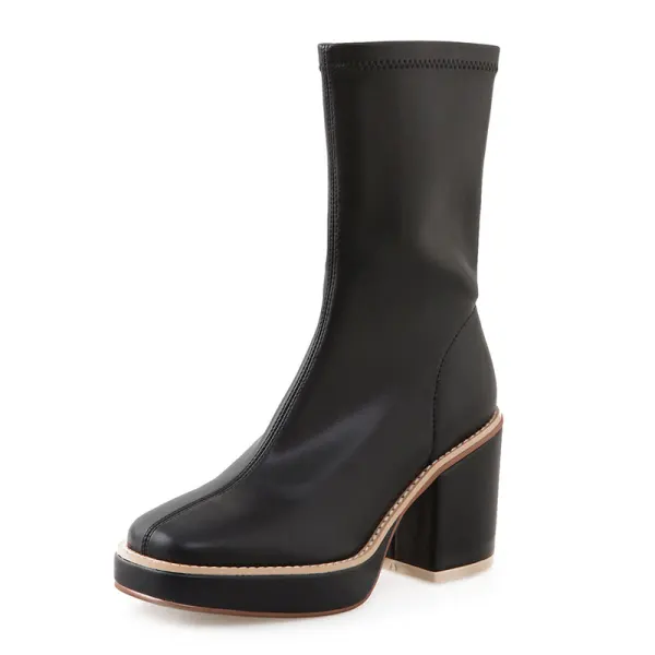 Schlicht Winter Schwarz Strassenmode Stiefel Damen 2020 Leder 8 cm Thick Heels Quadratische Zehe Stiefel