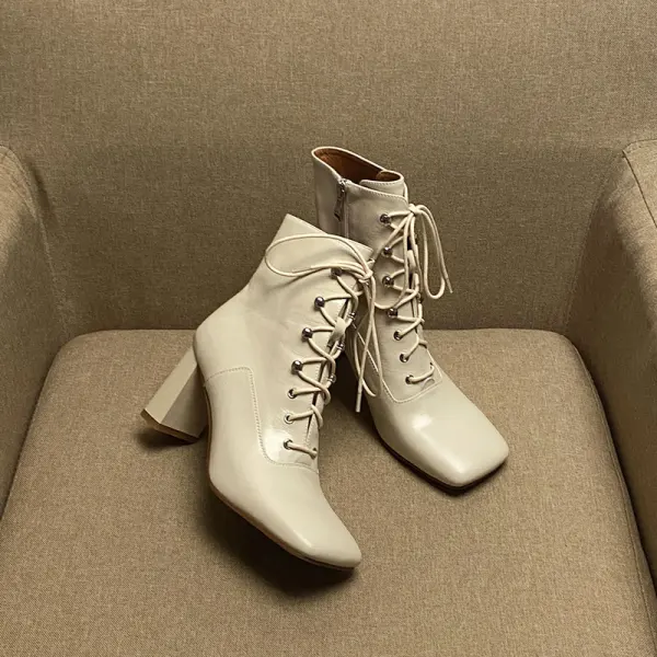 Enkel Høst Aprikos Casual Ankel Kvinners støvler 2020 Lær 7 cm Tykk Hæler Firkantetå Boots