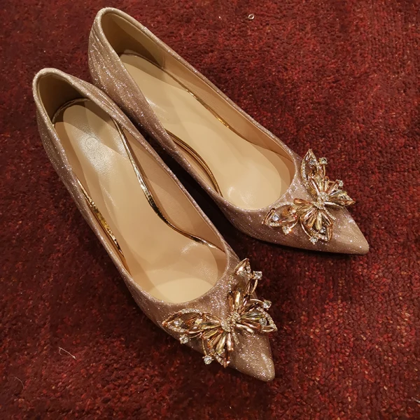 Charmant Champagner Kristall Brautschuhe 2020 Leder Strass Pailletten 10 cm Stilettos Spitzschuh Hochzeit Pumps