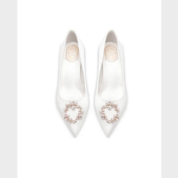 Lovely Chic / Beautiful Ivory Wedding Shoes 2020 Leather Pearl Rhinestone 5 cm Thick Heels Pointed Toe Wedding Pumps