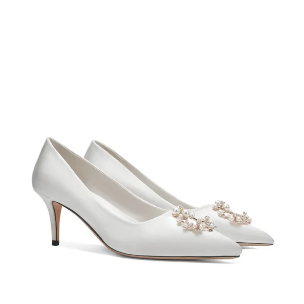 Charmant Ivoire Satin Faux Diamant Chaussure De Mariée 2020 Perle 8 cm Talons Aiguilles À Bout Pointu Mariage Escarpins