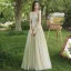 Chic / Beautiful Sage Green Pearl Lace Flower Bridesmaid Dresses 2021 A-Line / Princess Off-The-Shoulder Short Sleeve Backless Floor-Length / Long Bridesmaid Wedding Party Dresses