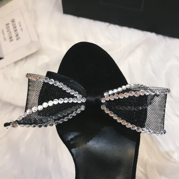 Charmant Noire Cocktail Sandales Femme 2020 Faux Diamant Noeud Cuir 12 cm Talons Aiguilles Peep Toes / Bout Ouvert Sandales