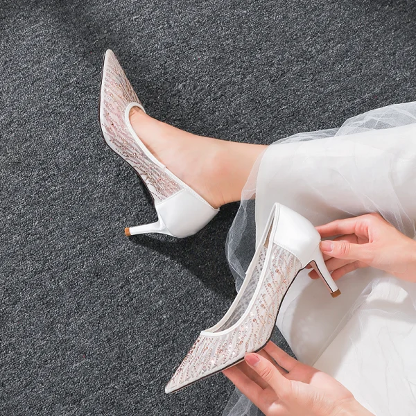 Charming Champagne Wedding Lace Pumps 2020 Rhinestone 6 cm Stiletto Heels Pointed Toe Pumps