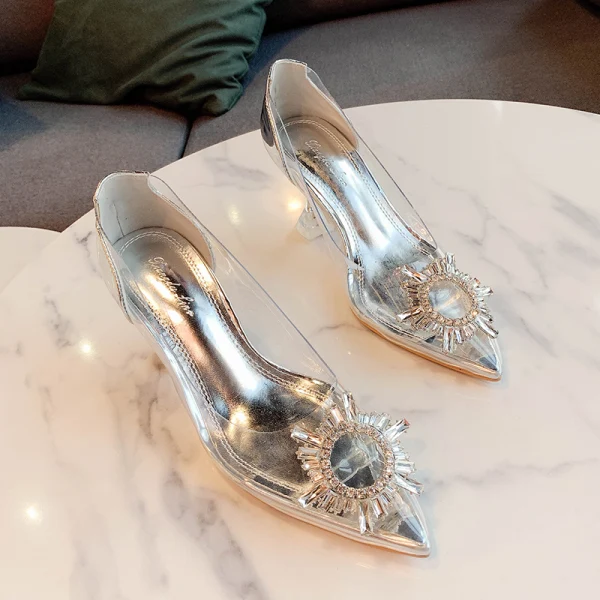 Sexy Transparent Silber Abend Strass Pumps 2021 9 cm Stilettos Spitzschuh Pumps Hochhackige