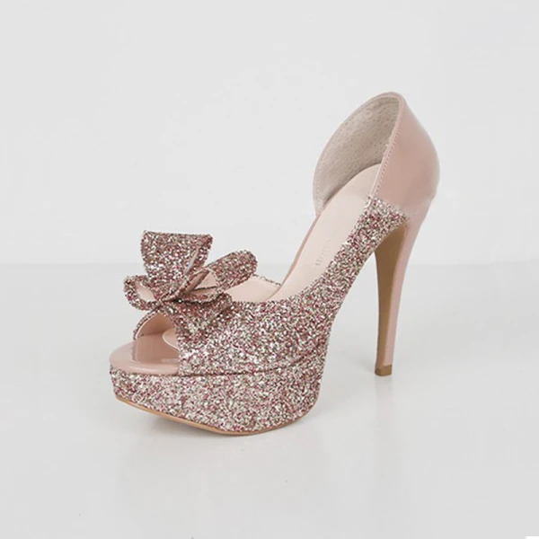 Sparkly Blushing Pink Womens Shoes 2018 Patent Leather Sequins Bow 11 cm Stiletto Heels Open / Peep Toe High Heels