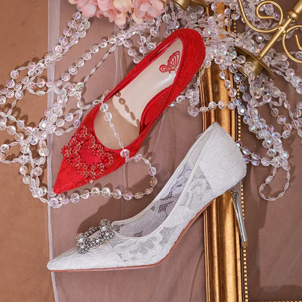Schöne Ivory / Creme Spitze Strass Brautschuhe 2021 8 cm Stilettos Spitzschuh Hochzeit Pumps Hochhackige