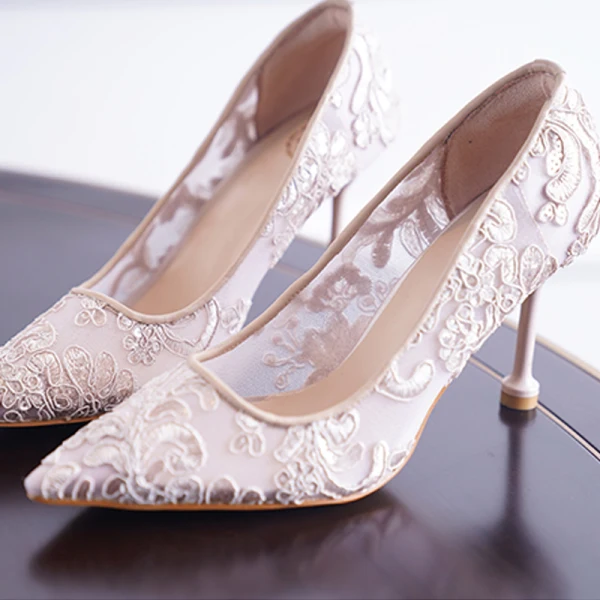 Elegant Champagne Lace Wedding Shoes 2020 8 cm Stiletto Heels Pointed Toe Wedding Pumps