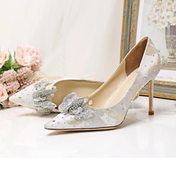 Chic / Beautiful White Satin Wedding Shoes 2020 Butterfly Embroidered Rhinestone 8 cm Stiletto Heels Pointed Toe Wedding Pumps