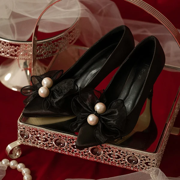 Elegant White Pearl Bow Wedding Shoes 2020 7 cm Stiletto Heels Pointed Toe Wedding Pumps