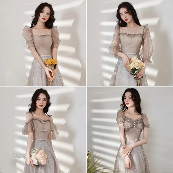 Elegant Grey Lace Star Bridesmaid Dresses 2021 A-Line / Princess Square Neckline Bow Short Sleeve Backless Floor-Length / Long Bridesmaid Wedding Party Dresses