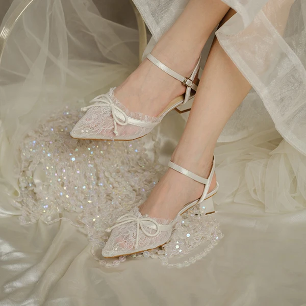 Elegant Ivory Lace Wedding Shoes 2020 Bow Slingbacks 4 cm Thick Heels Low Heel Pointed