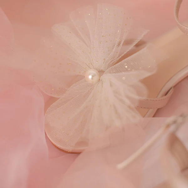 Sexy Champagne Perle Noeud Chaussure De Mariée 2020 Slingbacks 5 cm Talons Épais Peep Toes / Bout Ouvert Mariage Sandales