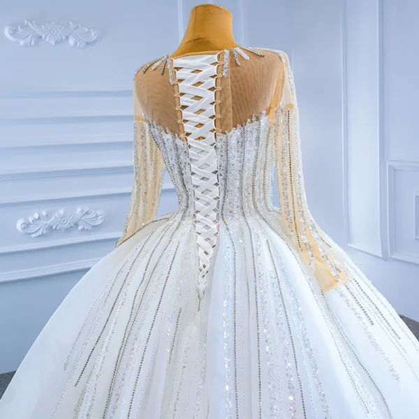 High-end Elegant White Rhinestone Wedding Dresses 2021 Ball Gown Scoop Neck Beading Sequins Long Sleeve Chapel Train Wedding