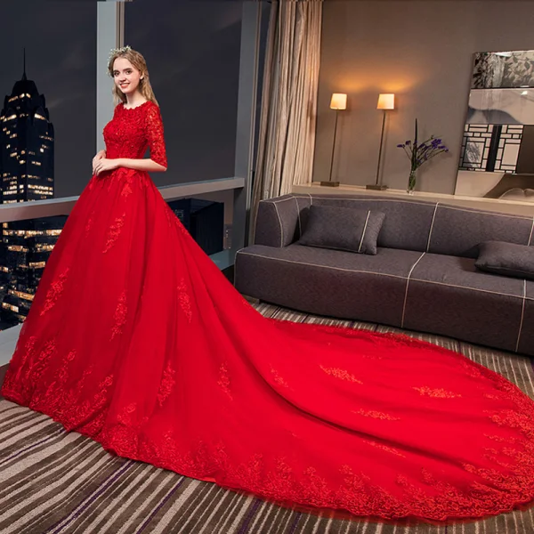 Moderne / Mode Rouge Robe De Mariée 2018 Princesse Appliques En Dentelle Cristal Encolure Dégagée 3/4 Manches Royal Train Mariage