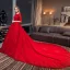 Moderne / Mode Rouge Robe De Mariée 2018 Princesse Appliques En Dentelle Cristal Encolure Dégagée 3/4 Manches Royal Train Mariage