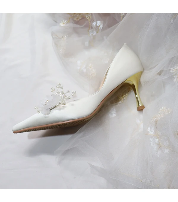 Fashion White Wedding Shoes 2020 Leather Pearl Appliques 7 cm Stiletto Heels Pointed Toe Wedding Pumps
