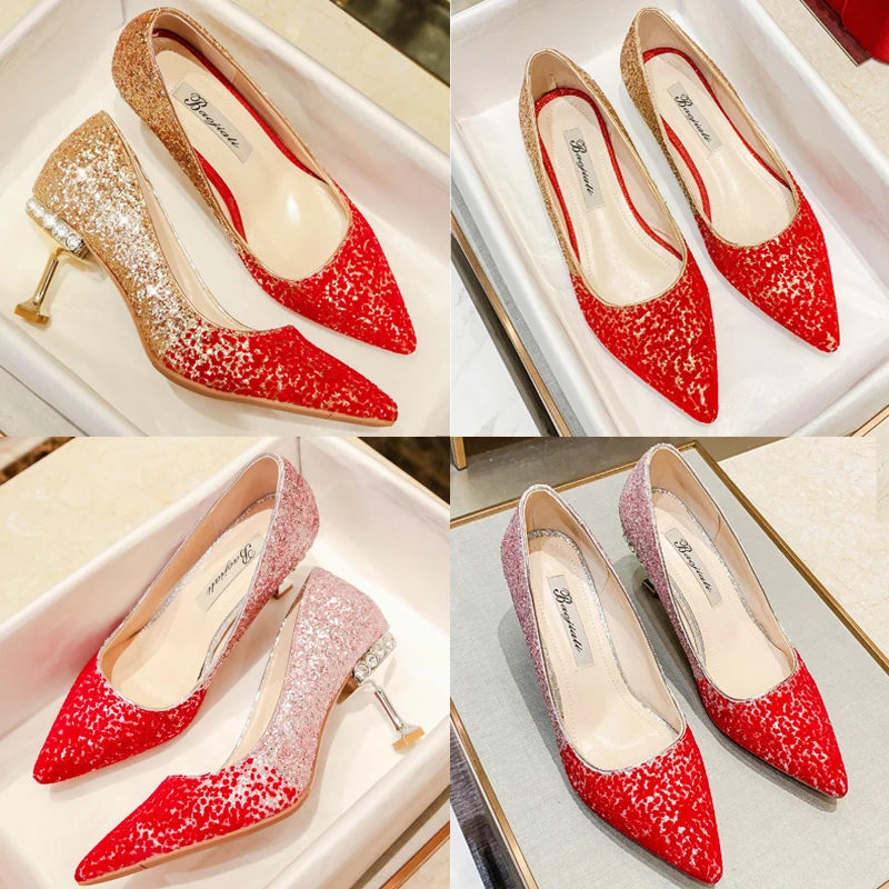 Sparkly Gold Red Sequins Wedding Shoes 2020 Rhinestone 9 Cm Stiletto Heels  Pointed Toe Wedding Pumps