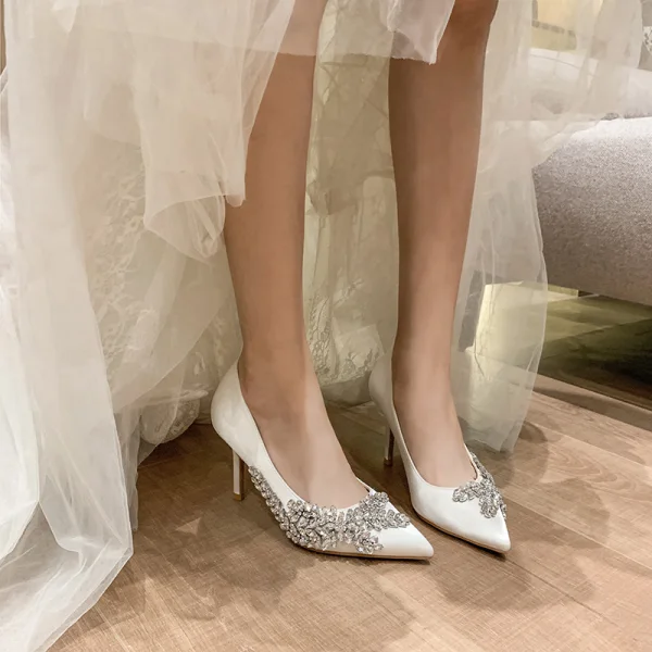 Chic / Beautiful Ivory Evening Party Rhinestone Pumps 2020 Leather 8 cm Stiletto Heels Pointed Toe Pumps