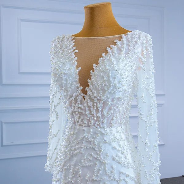 High-end Ivory Handmade  Beading Pearl Wedding Dresses 2021 Trumpet / Mermaid Cascading Ruffles Scoop Neck Long Sleeve Chapel Train Wedding
