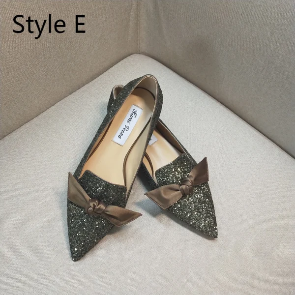 Sparkly Gradient-Color Prom Flat Womens Shoes 2020 Sequins Bow Pointed Toe Heels