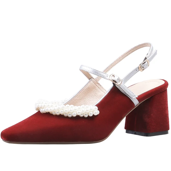 Elegant Burgundy Prom Slingbacks Womens Shoes 2020 Pearl 6 cm Thick Heels Pointed Toe Heels