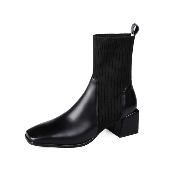 Chic / Beautiful Black Street Wear Knitting Womens Boots 2020 Leather 5 cm Thick Heels Square Toe Boots