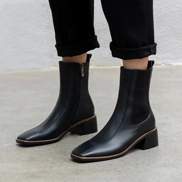 Modest / Simple Beige Casual Ankle Womens Boots 2020 Leather 5 cm Thick Heels Square Toe Boots
